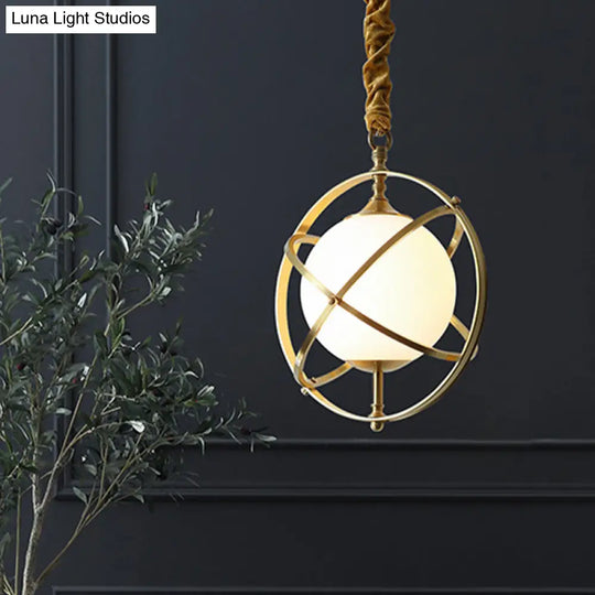 Postmodern Brass Orbit Pendant Light With White Glass Shade