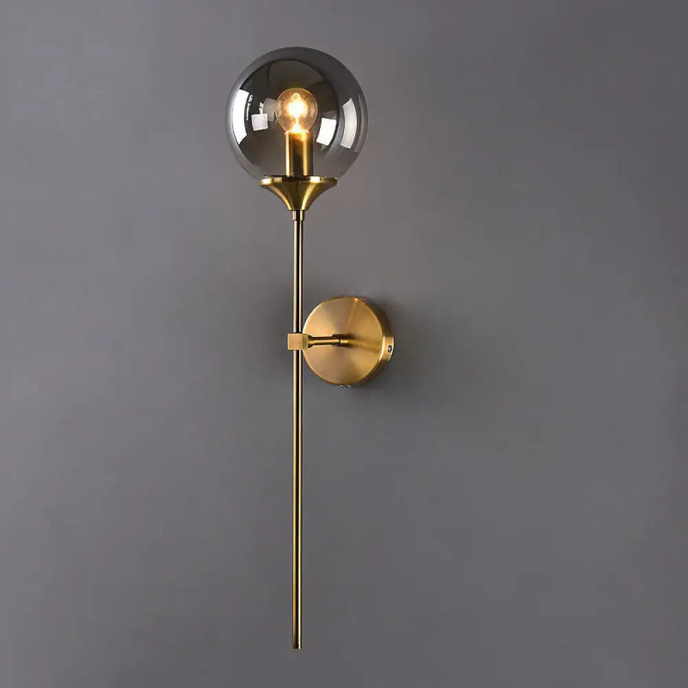 Postmodern Brass Pencil Arm Wall Lamp Sconce With Ball Glass Shade Smoke Gray