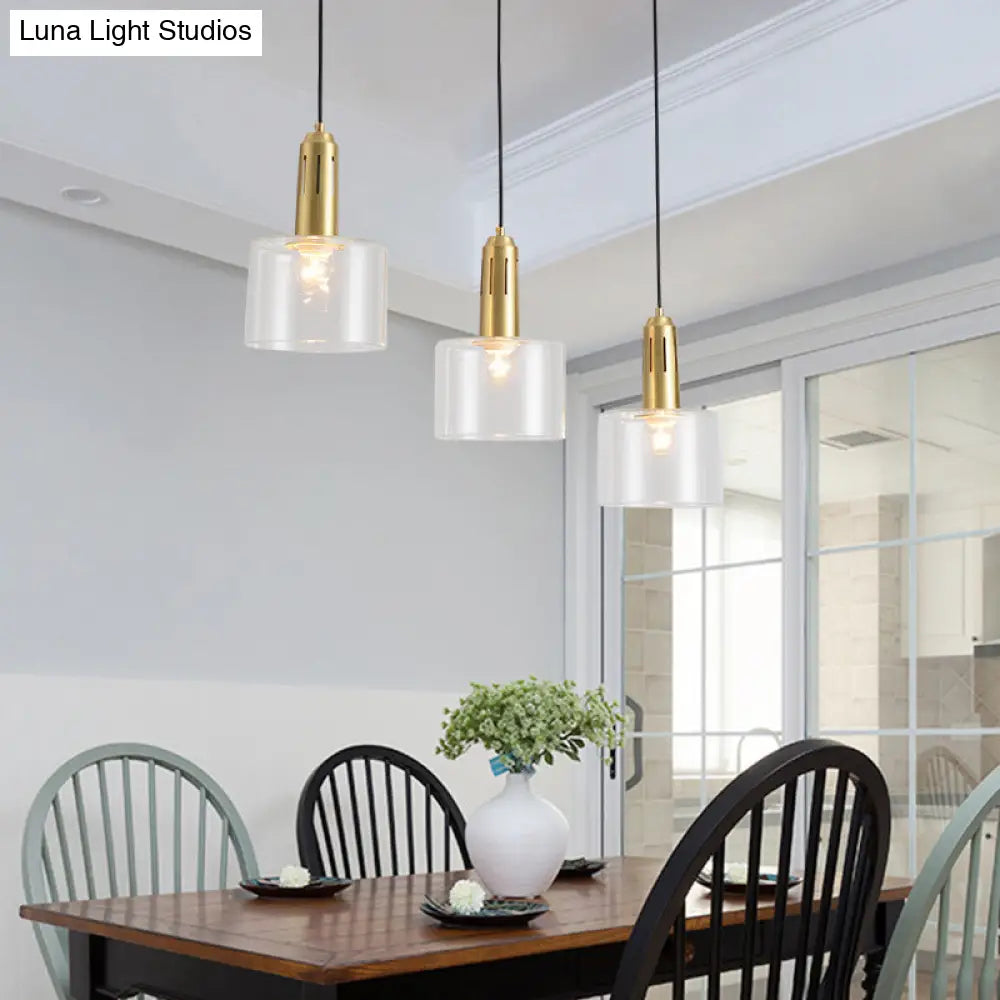 Postmodern Brass Pendant Lamp With Clear Glass Shade: Sleek Dining Room Hanging Light