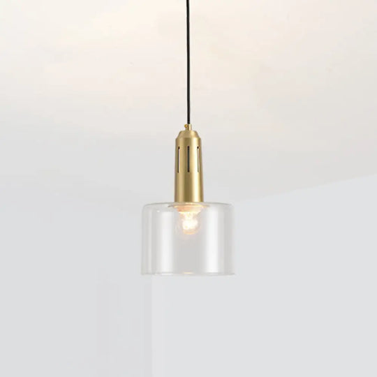 Postmodern Brass Pendant Lamp With Clear Glass Shade: Sleek Dining Room Hanging Light