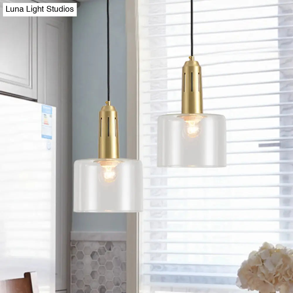 Postmodern Brass Pendant Lamp With Clear Glass Shade: Sleek Dining Room Hanging Light