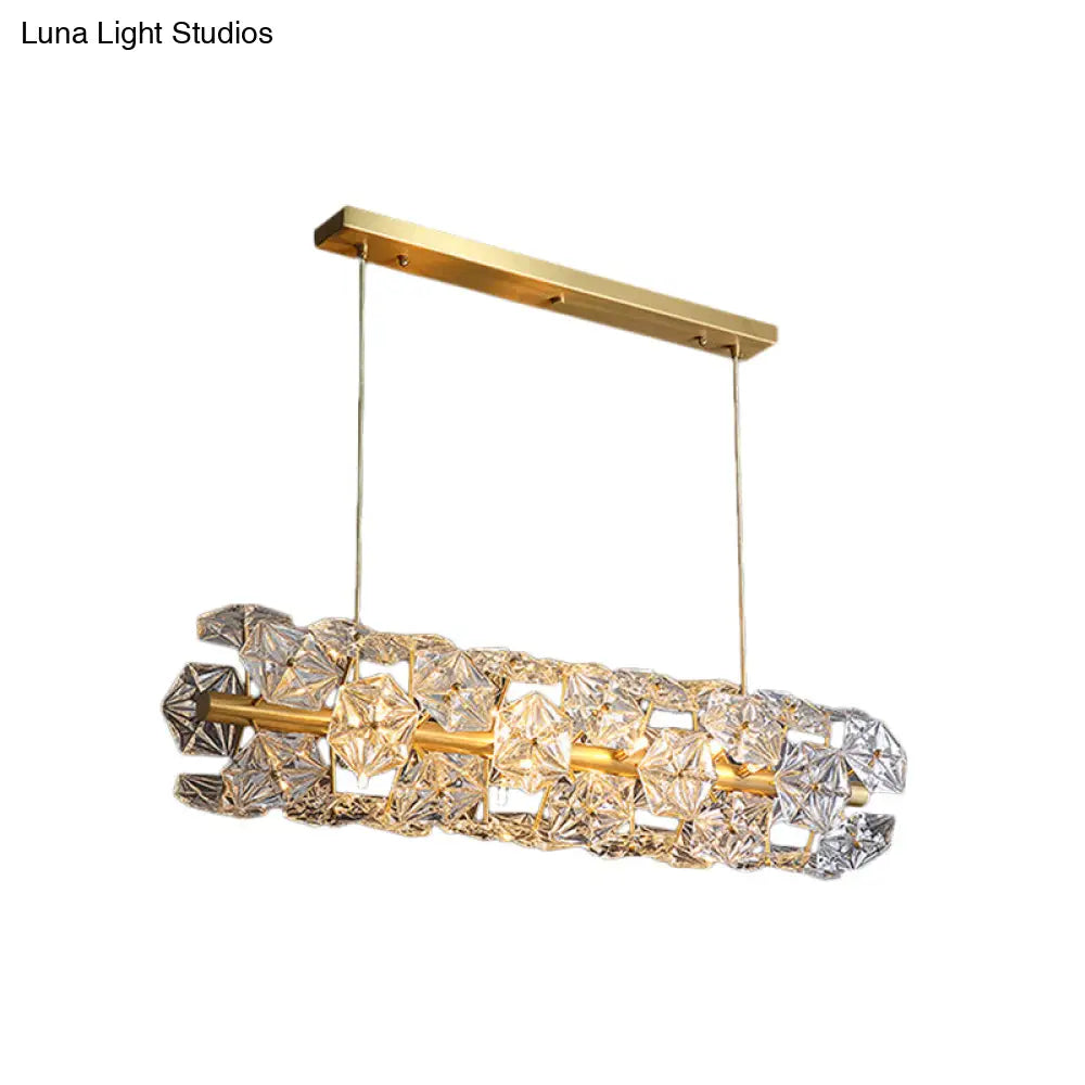 Postmodern Brass Pendant Lamp With Crystal Hexagon Shade For Restaurant Lighting - 18 Bulbs Island