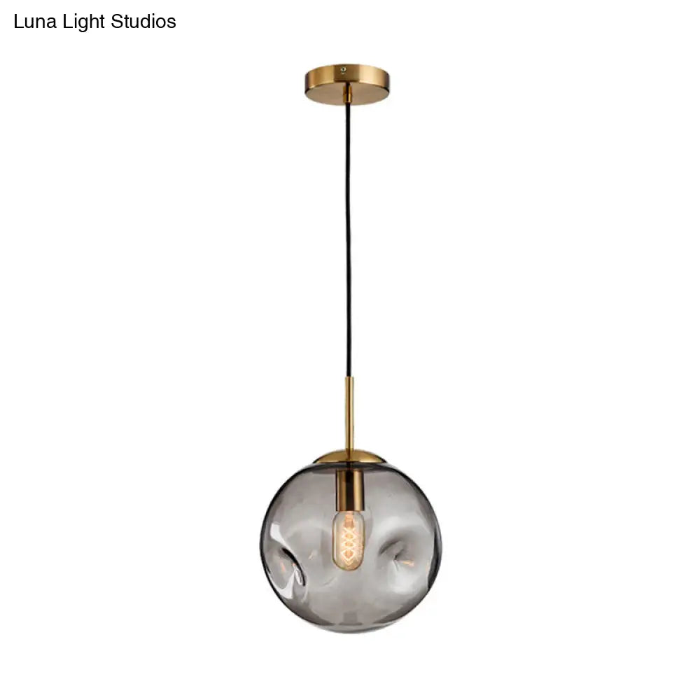 Dimpled Glass Globe Pendant Lamp: Postmodern Brass Hanging Light For Bedroom Smoke Gray