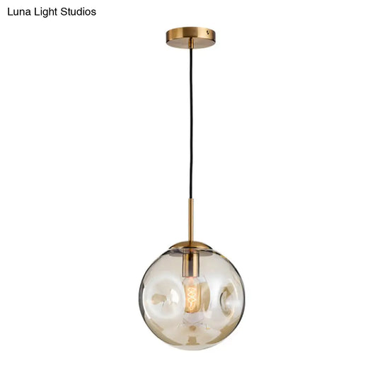 Dimpled Glass Globe Pendant Lamp: Postmodern Brass Hanging Light For Bedroom Cognac