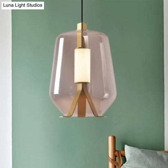 Postmodern Brass Pendant Light With Led Smoke Grey/Cognac Glass Shade - Dining Table Illumination