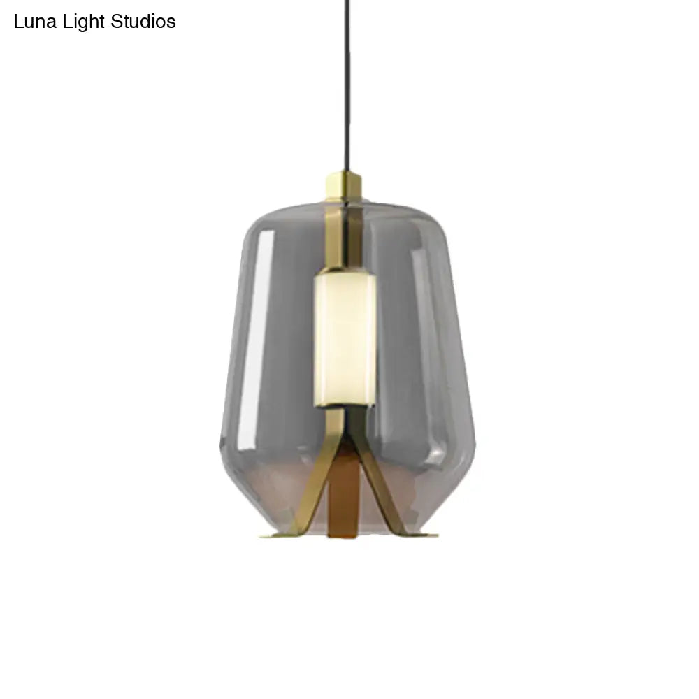 Postmodern Brass Pendant Light With Bottle Smoke Grey/Cognac Glass Shade - Dining Table Led Lighting