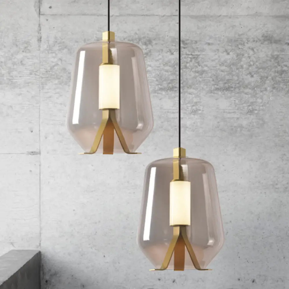 Postmodern Brass Pendant Light With Bottle Smoke Grey/Cognac Glass Shade - Dining Table Led