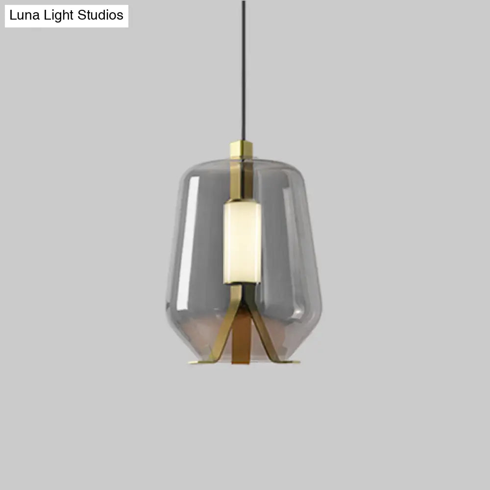 Postmodern Brass Pendant Light With Bottle Smoke Grey/Cognac Glass Shade - Dining Table Led Lighting