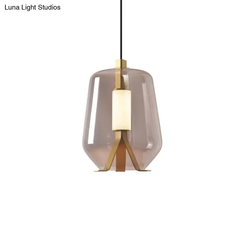 Postmodern Brass Pendant Light With Led Smoke Grey/Cognac Glass Shade - Dining Table Illumination