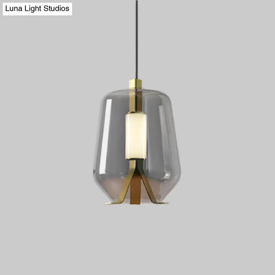 Postmodern Brass Pendant Light With Led Smoke Grey/Cognac Glass Shade - Dining Table Illumination