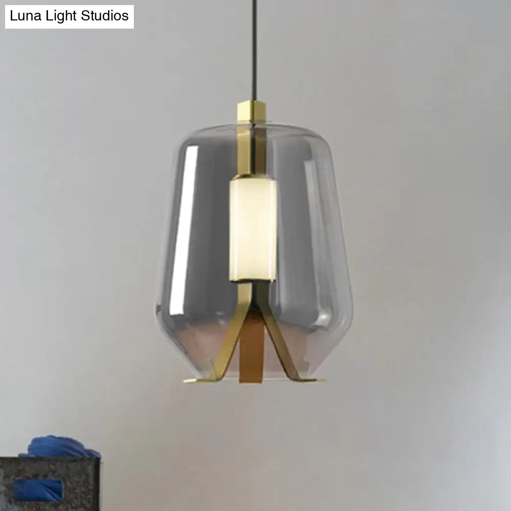 Postmodern Brass Pendant Light With Led Smoke Grey/Cognac Glass Shade - Dining Table Illumination