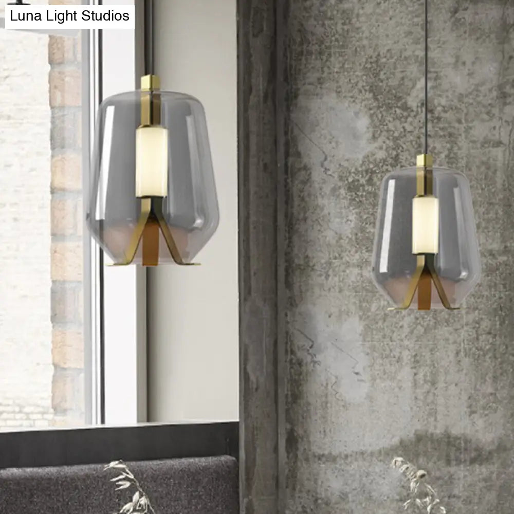 Postmodern Brass Pendant Light With Led Smoke Grey/Cognac Glass Shade - Dining Table Illumination