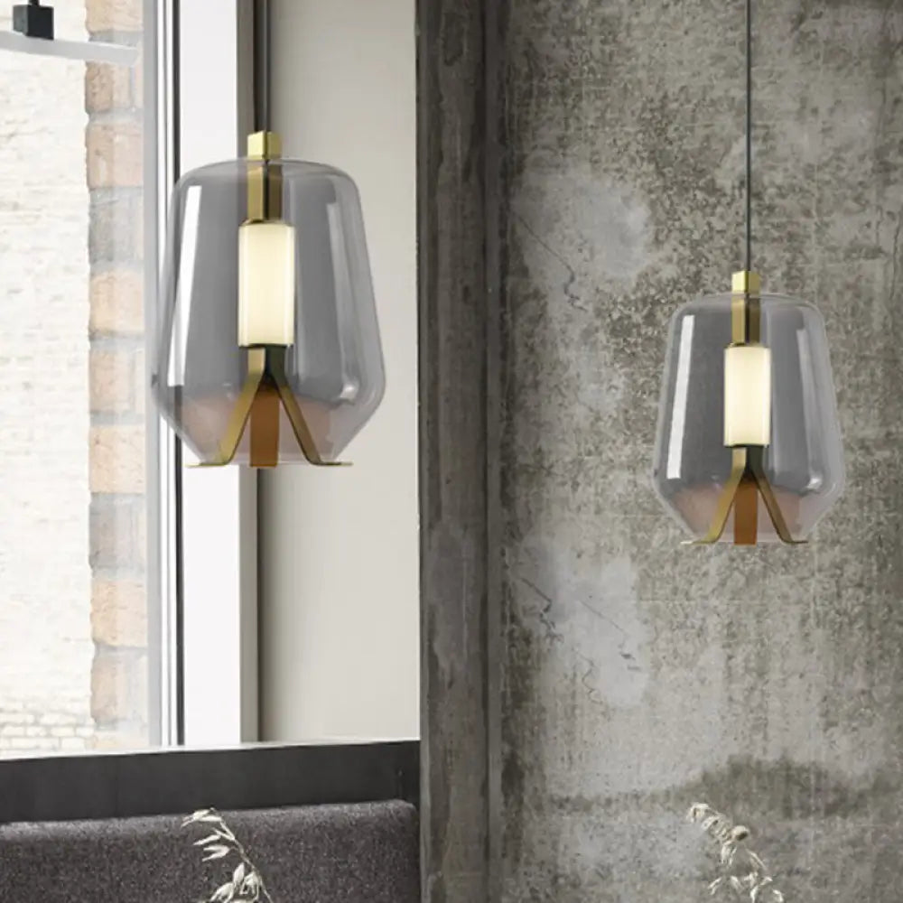 Postmodern Brass Pendant Light With Bottle Smoke Grey/Cognac Glass Shade - Dining Table Led