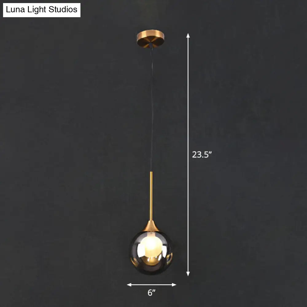 Postmodern Brass Ceiling Lamp: 1-Head Bedside Pendant Light With Glass Shade Smoke Gray