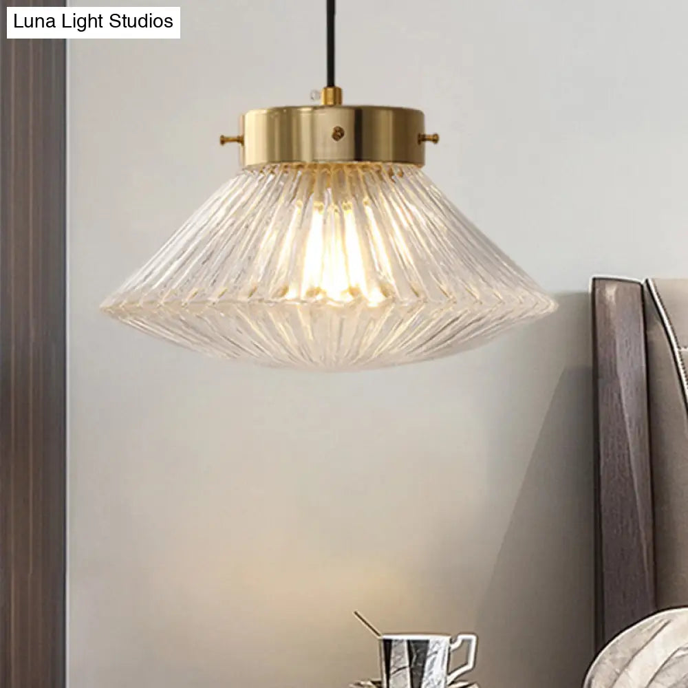 Postmodern Brass Pendant Light Fixture With Clear Ribbed Glass Shade