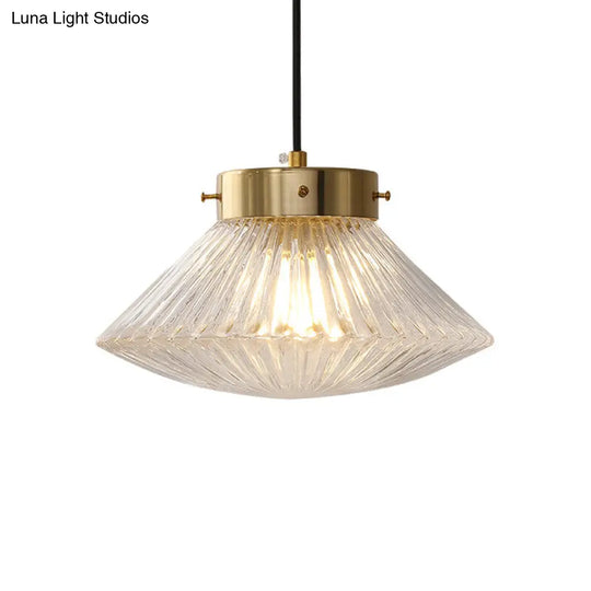 Postmodern Brass Pendant Light Fixture With Clear Ribbed Glass Shade