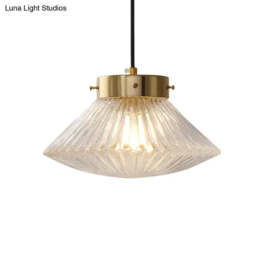 Postmodern Brass Pendant Light With Ribbed Glass Shade
