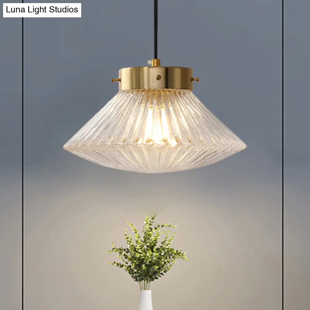Postmodern Brass Pendant Light Fixture With Clear Ribbed Glass Shade
