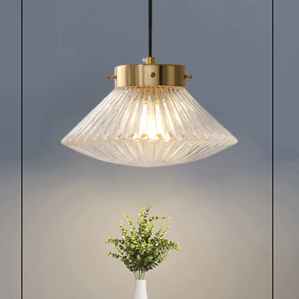 Postmodern Brass Pendant Light With Ribbed Glass Shade Clear