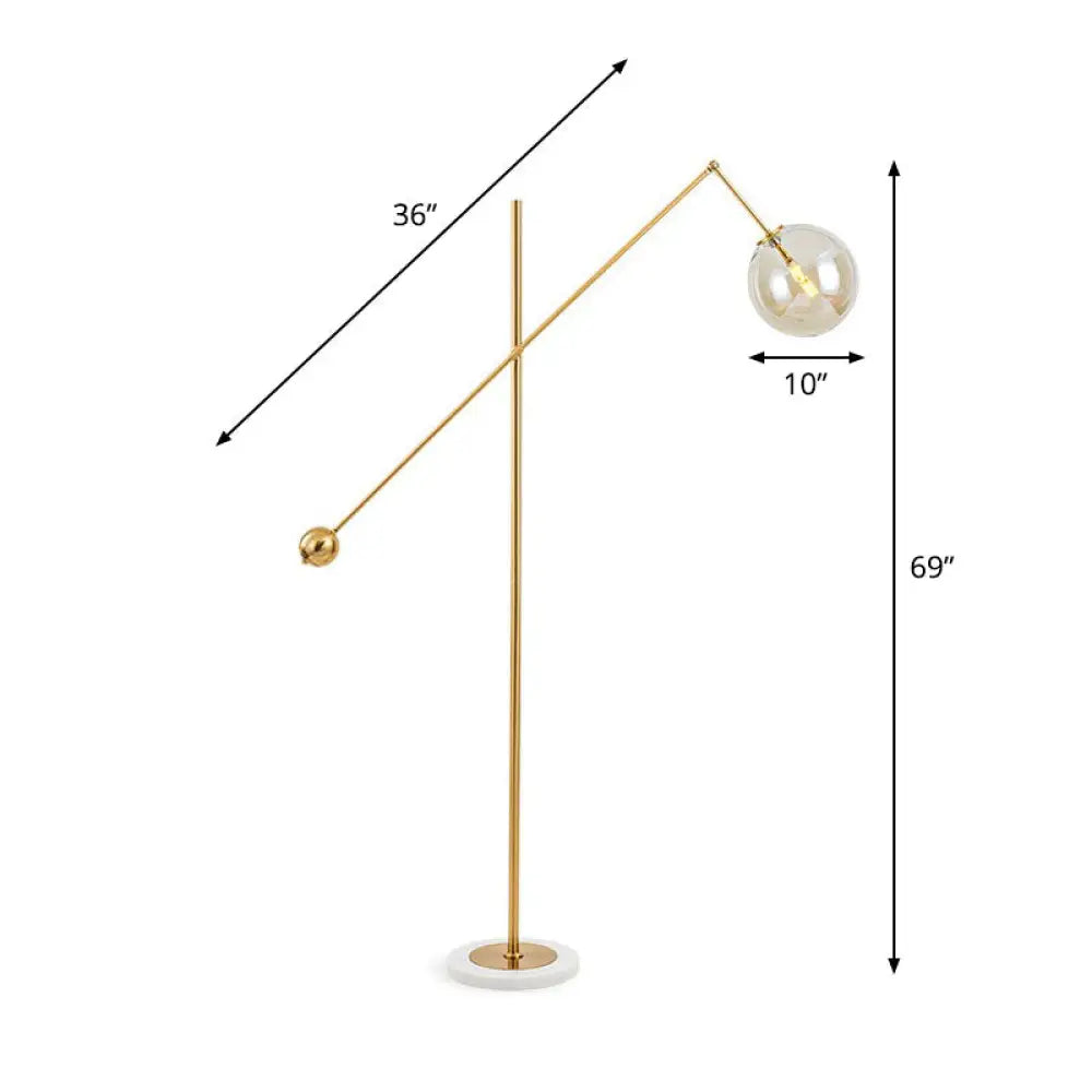 Postmodern Brass Plated Balance Arm Floor Lamp With Glass Spherical Shade - Stylish Metal Stand-Up