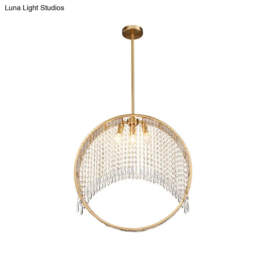 Postmodern Brass Ring Chandelier With Crystal Drop Ceiling - 3 Head Hanging Light Fixture