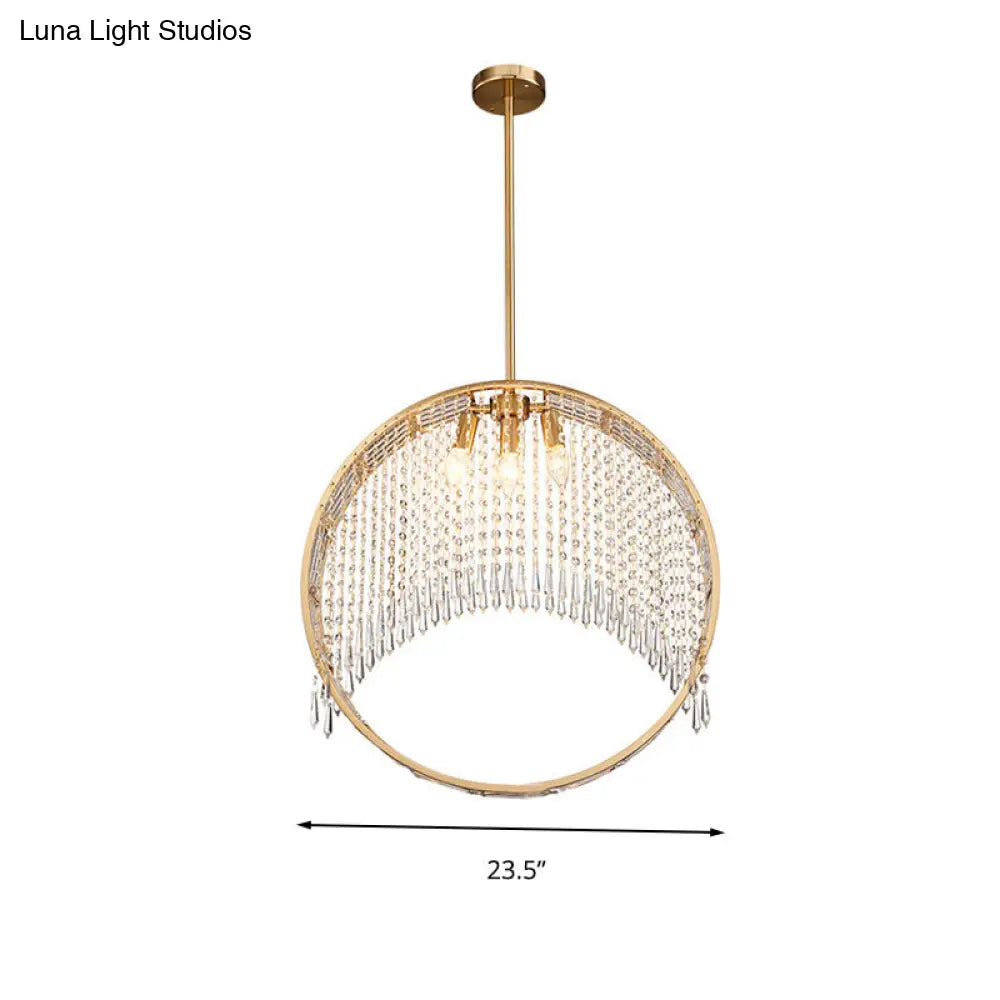 Postmodern Brass Ring Chandelier With Crystal Drop Ceiling - 3 Head Hanging Light Fixture