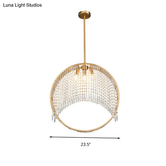 Postmodern Brass Ring Chandelier With Crystal Drop Ceiling - 3 Head Hanging Light Fixture