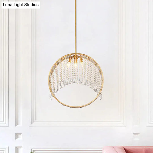 Postmodern Brass Ring Chandelier With Crystal Drop Ceiling - 3 Head Hanging Light Fixture