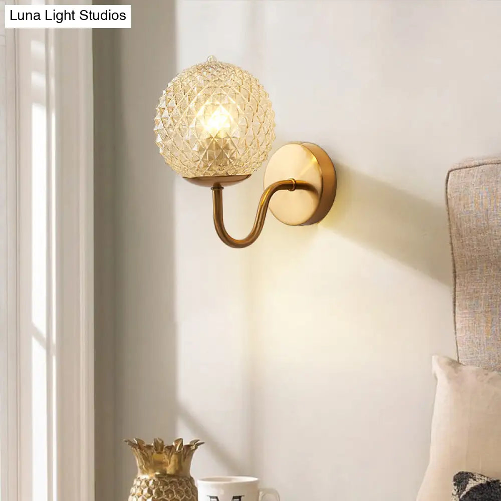 Postmodern Brass Sconce Bedside Wall Light With Textured Glass Shade - 1-Bulb Ball Shaped Lamp