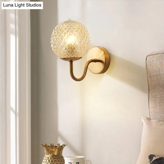 Postmodern Brass Sconce Bedside Wall Light With Textured Glass Shade - 1-Bulb Ball Shaped Lamp