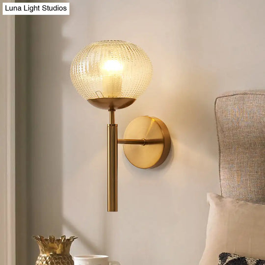 Postmodern Brass Sconce Bedside Wall Light With Textured Glass Shade - 1-Bulb Ball Shaped Lamp