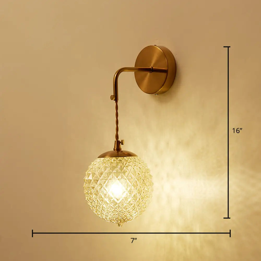 Postmodern Brass Sconce Bedside Wall Light With Textured Glass Shade - 1-Bulb Ball Shaped Lamp /