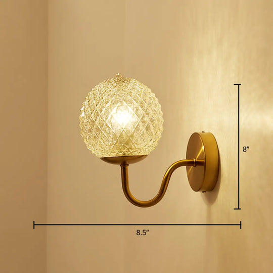 Postmodern Brass Sconce Bedside Wall Light With Textured Glass Shade - 1-Bulb Ball Shaped Lamp /