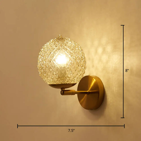 Postmodern Brass Sconce Bedside Wall Light With Textured Glass Shade - 1-Bulb Ball Shaped Lamp /