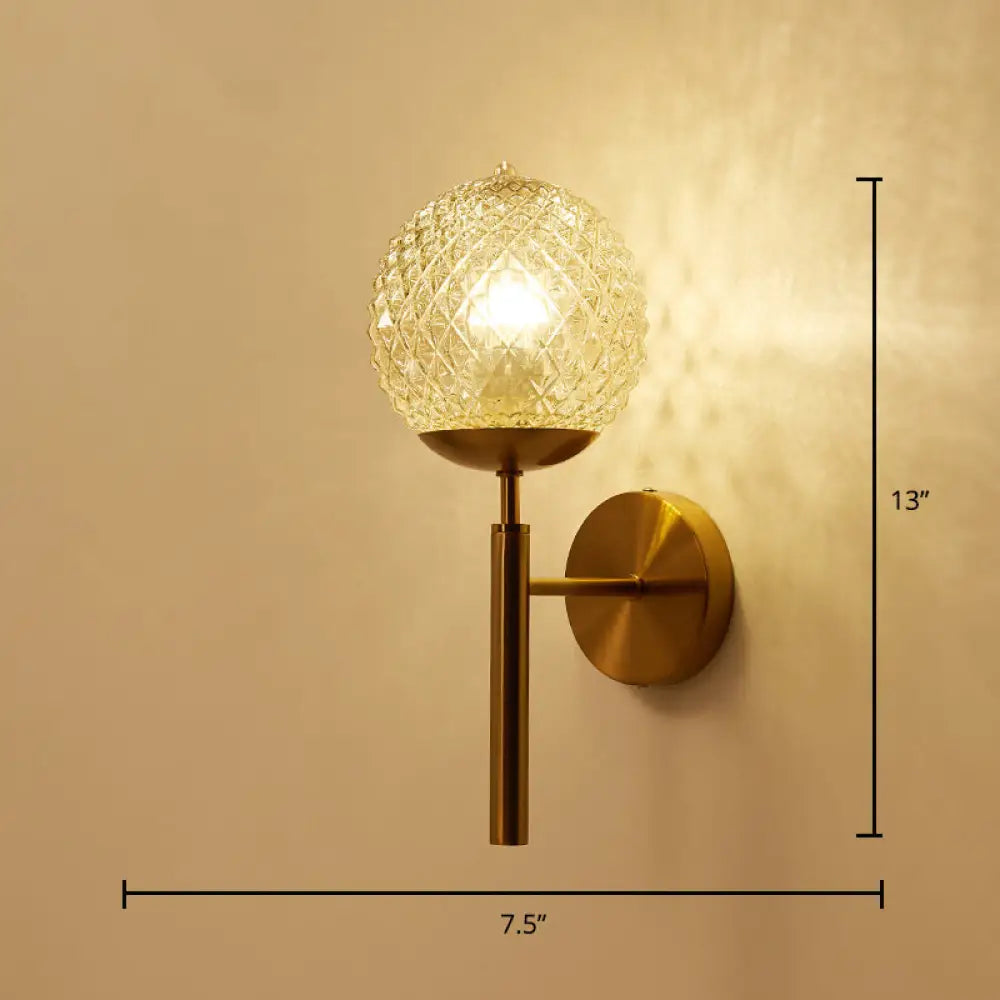 Postmodern Brass Sconce Bedside Wall Light With Textured Glass Shade - 1-Bulb Ball Shaped Lamp /