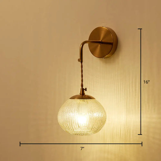 Postmodern Brass Sconce Bedside Wall Light With Textured Glass Shade - 1-Bulb Ball Shaped Lamp /