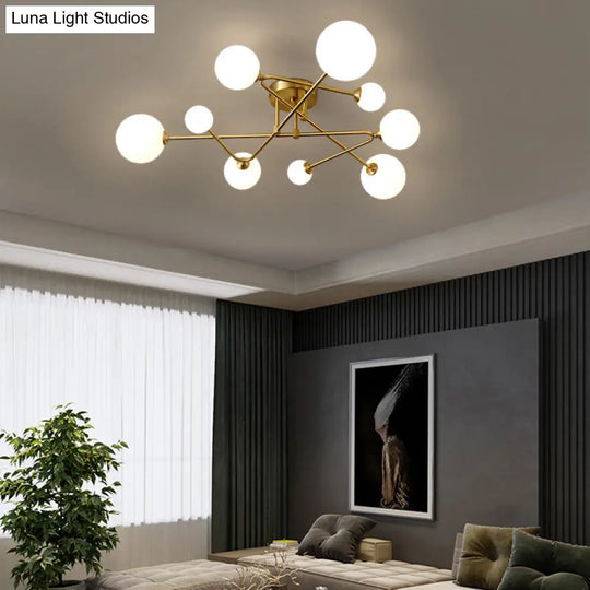 Postmodern Brass Semi Flush Mount Fixture - Orb Shaped Milk Glass Ceiling Light