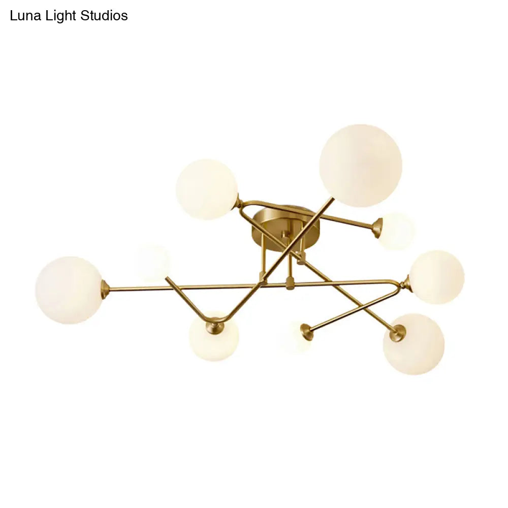 Postmodern Brass Semi Flush Mount Fixture - Orb Shaped Milk Glass Ceiling Light