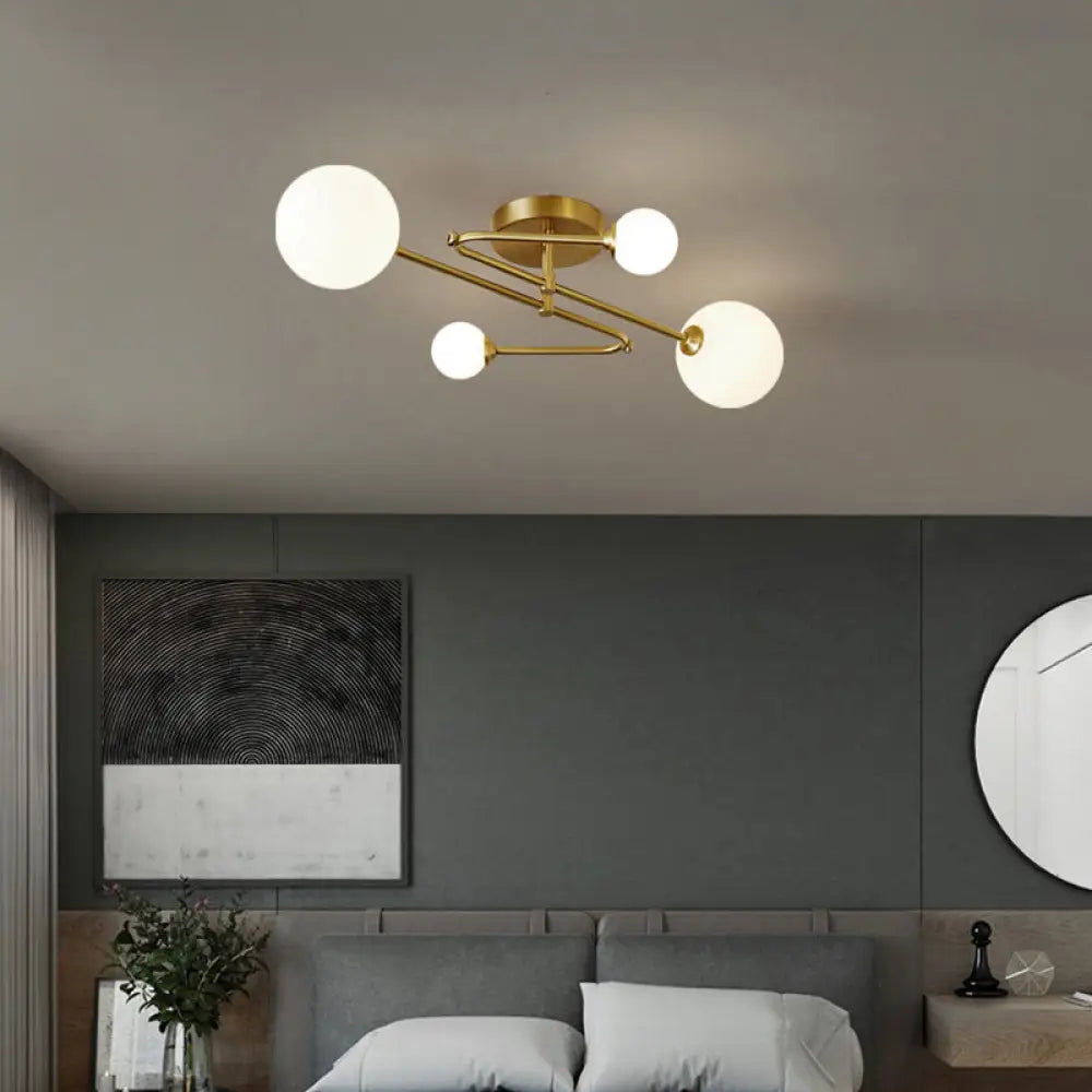 Postmodern Brass Semi Flush Mount Fixture - Orb Shaped Milk Glass Ceiling Light 4 /