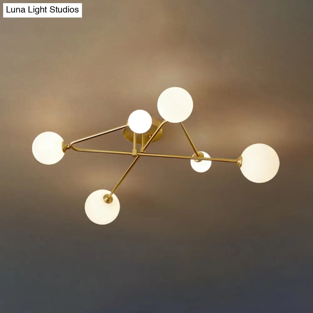 Postmodern Brass Semi Flush Mount Fixture - Orb Shaped Milk Glass Ceiling Light 6 /