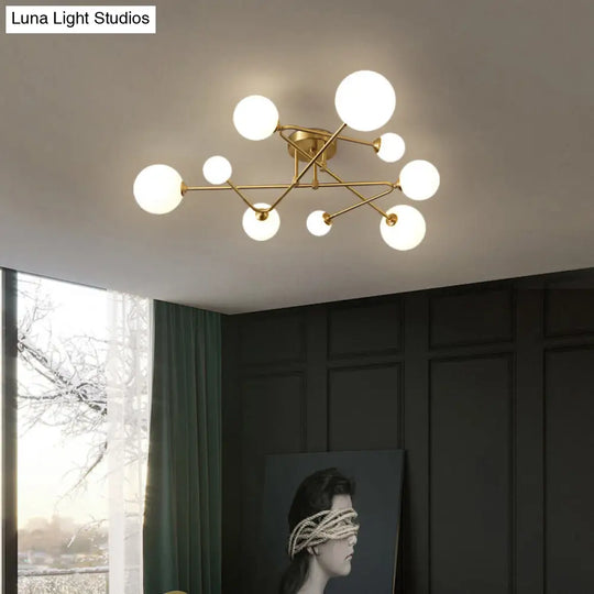 Postmodern Brass Semi Flush Mount Fixture - Orb Shaped Milk Glass Ceiling Light