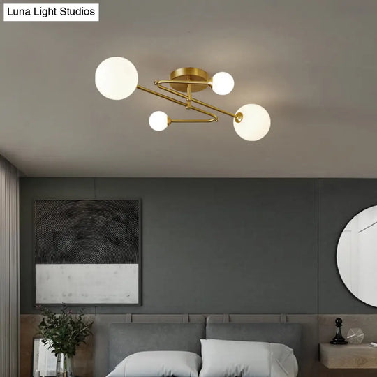 Postmodern Brass Semi Flush Mount Fixture - Orb Shaped Milk Glass Ceiling Light 4 /