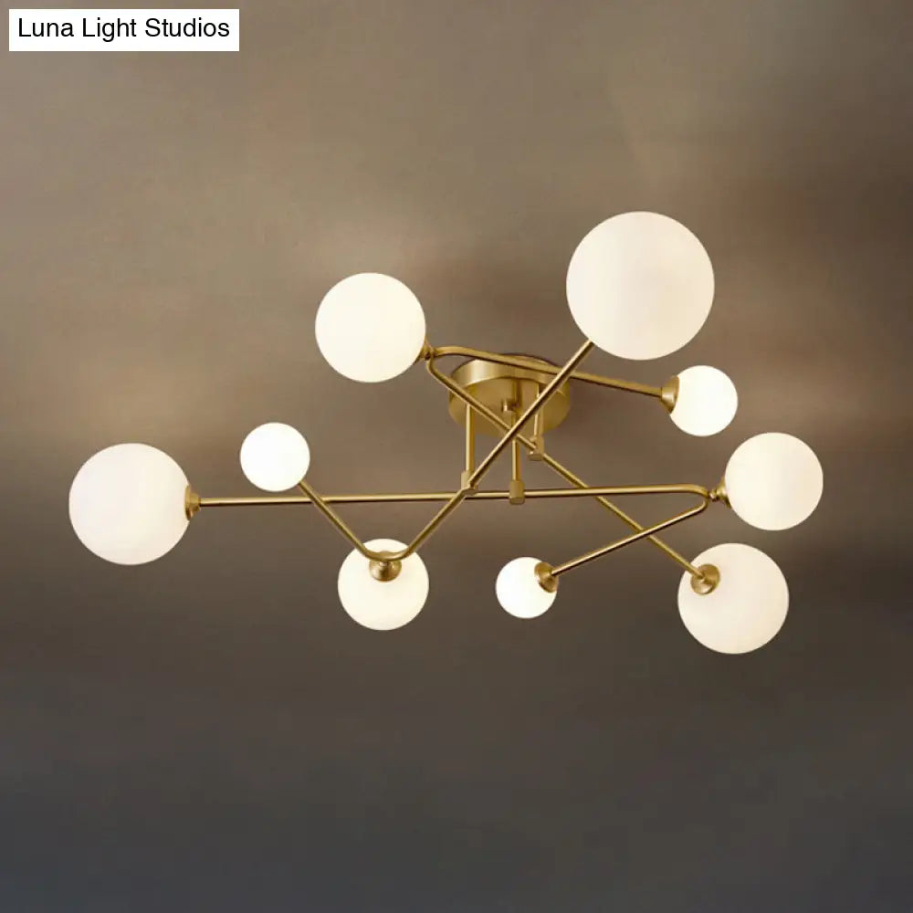 Postmodern Brass Semi Flush Mount Fixture - Orb Shaped Milk Glass Ceiling Light 9 /