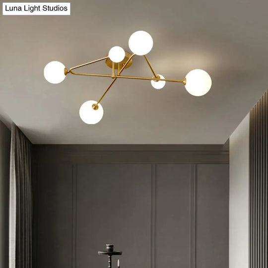 Postmodern Brass Semi Flush Mount Fixture - Orb Shaped Milk Glass Ceiling Light