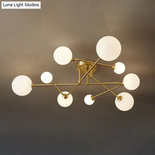 Postmodern Brass Semi Flush Mount Fixture - Orb Shaped Milk Glass Ceiling Light