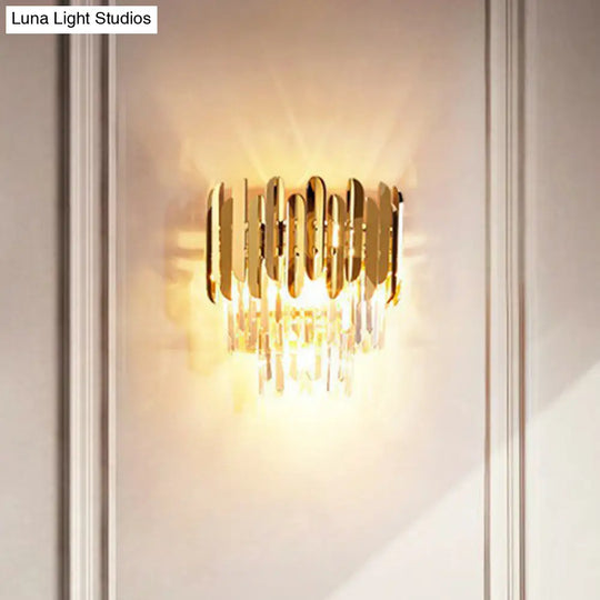 Postmodern Brass Tiered Flush Wall Sconce With Crystal Lighting - Ideal For Bedroom