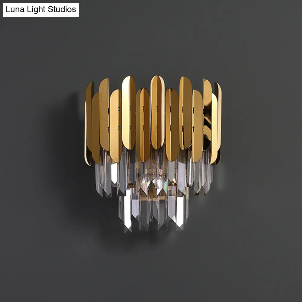 Postmodern Brass Tiered Flush Wall Sconce With Crystal Lighting - Ideal For Bedroom