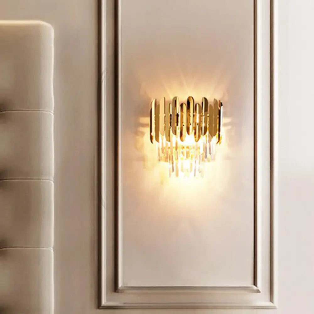 Postmodern Brass Tiered Flush Wall Sconce With Crystal Lighting - Ideal For Bedroom