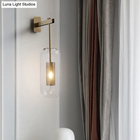 Postmodern Capsule Wall Hanging Light Clear Glass Bedside Lamp 1 Bulb Interior Mesh Guard Black/Gold