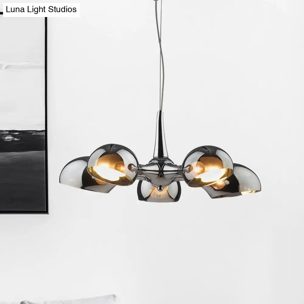 Postmodern Chrome Bowl Chandelier With Mirror Glass Pendants - 3/5 Light Ceiling Fixture For Dining